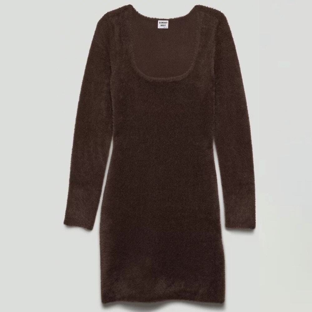 Aritzia Sunday Best Montgomery Dress Fuzzy Knit Sweater Brown Neutral Size S